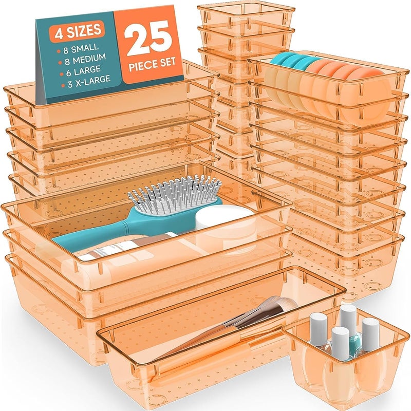 SpaceHacks 25 PCS Plastic Drawer Organizer Set, 4-Size Versatile Organizer Trays & storage Bins for Makeup, Jewelry, and Gadgets in Bathroom, Bedroom and Office,Orange - Image 1